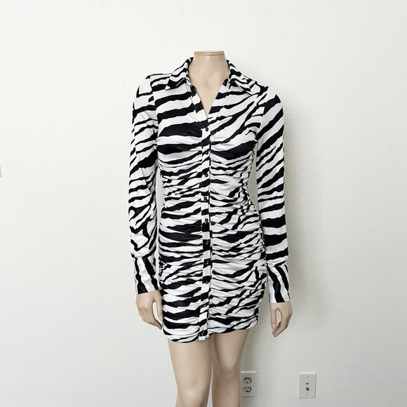 [Tiger Mist] Ryanna Zebra Print Collared Ruched Long Sleeve Mini Dress Sz Small - Picture 3 of 14